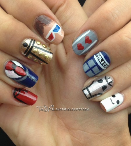 Doctor Who nail art: fez, blue suit, dalek, 3d glasses, two hearts, TARDIS, Cyberman, andipose