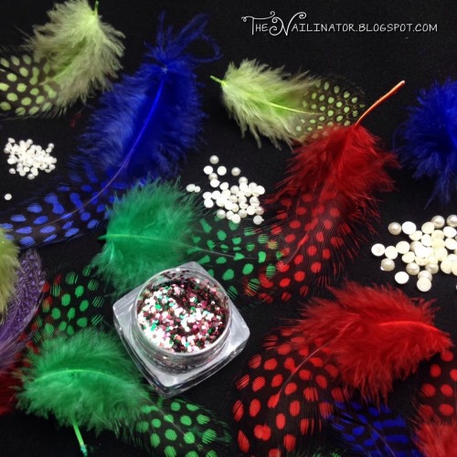 Colored feathers, glitter, and pearl studs