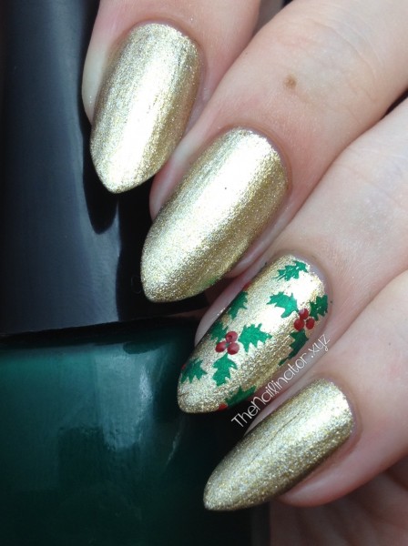 Gold nails with Christmas Holly Stamping Accent Nail 