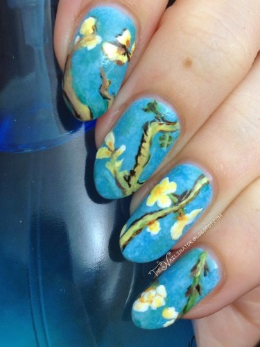 Almond Blossoms nail art with decorative bottle